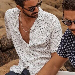 Donato White With Navy Floral Print Short Sleeve Button Up Shirt